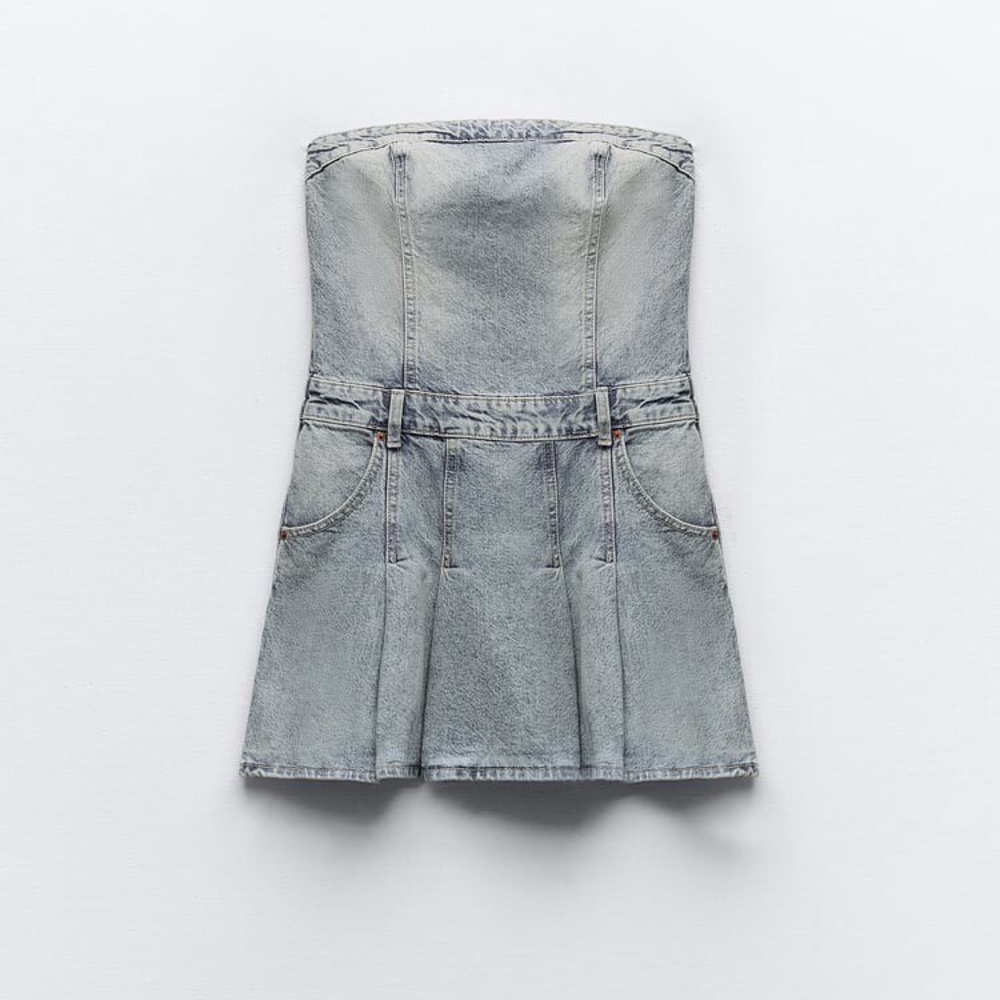 ZARA Pleated Denim Strapless Mini Dress